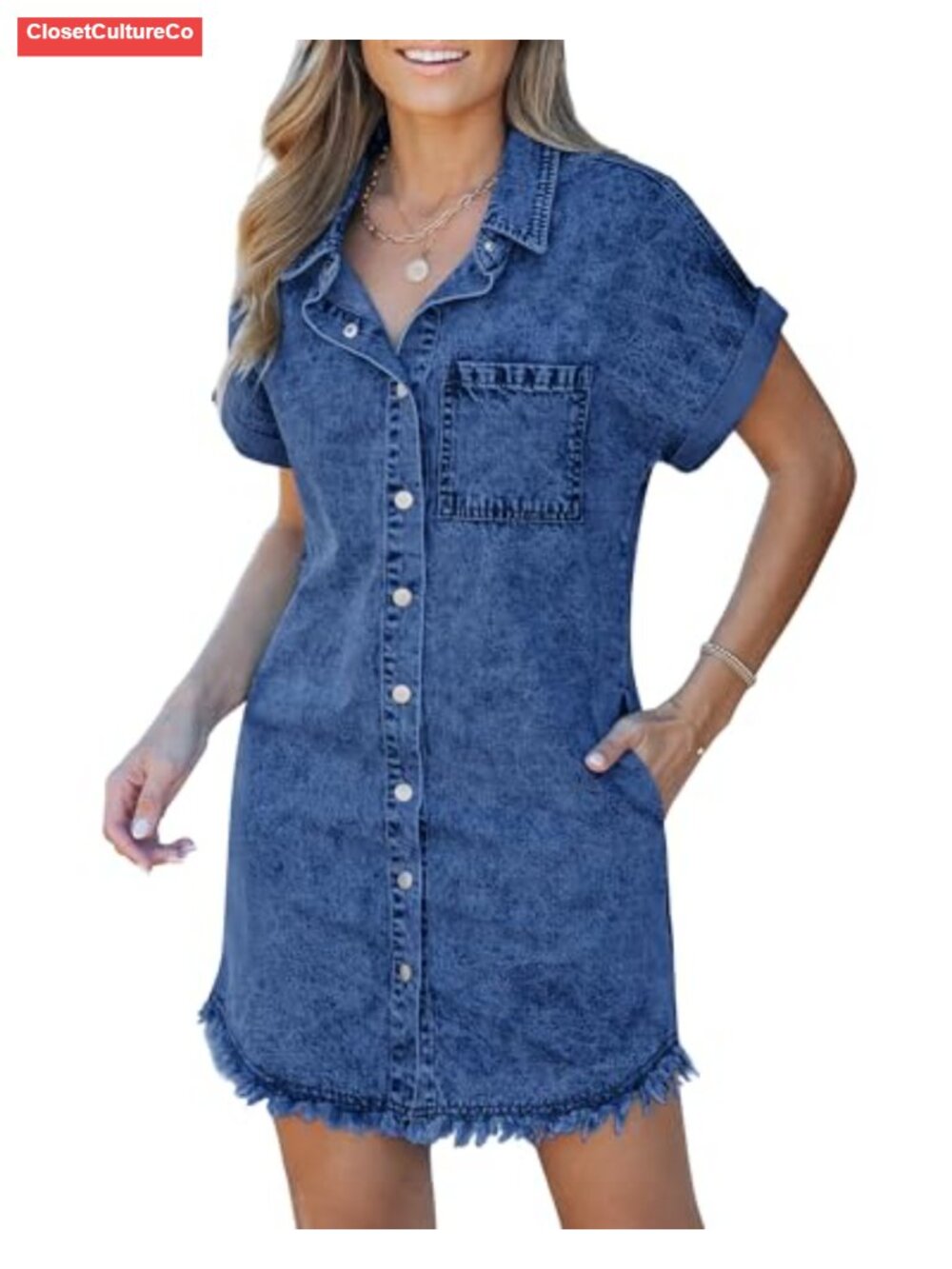 Denim Shift Dress Button Down Short Sleeve Raw Hem Pockets Casual Summer - Picture 1 of 6